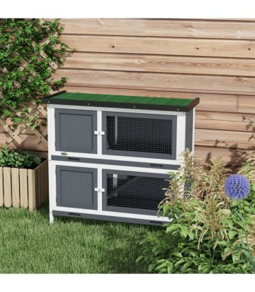 PawHut Double Decker Rabbit Hutch Bunny Cage Pet House Outdoor with Tray, Grey
