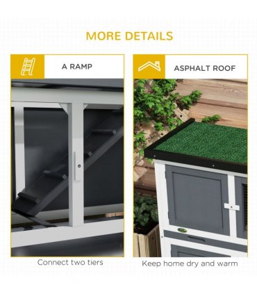PawHut Double Decker Rabbit Hutch Bunny Cage Pet House Outdoor with Tray, Grey