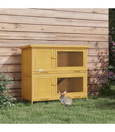 PawHut Double Decker Rabbit Hutch Bunny Cage Pet House Outdoor with Tray, Yellow