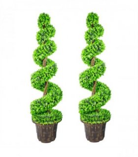 Topiary Trees Large Leaf Spiral 120cm Green Pair with Decorative Planters