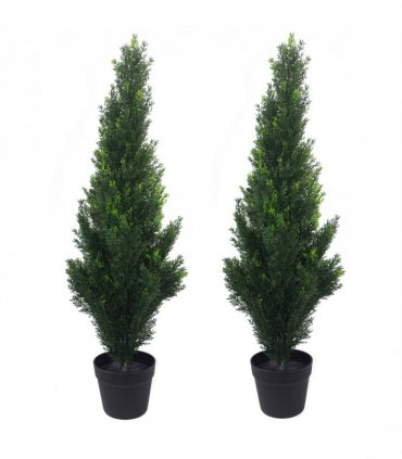 Pair of Artificial Cedar Cypress Topiary UV Resistant 90cm Green 484 Leaves