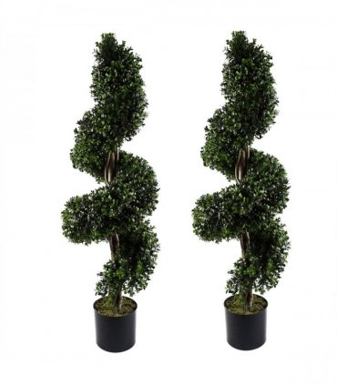 Outdoor Topiary Green 120cm Pair of Spiral Buxus Artificial Trees UV Resistant