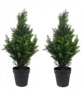 Topiary Pair Artificial Cedar Cypress Trees 60cm Green UV Resistant 280 Leaves