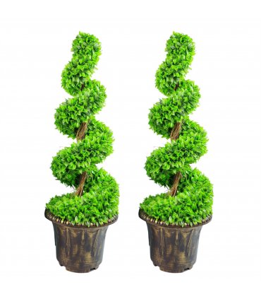 Topiary Trees 90cm Green Large Leaf Spiral Pair with Decorative Planters