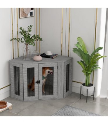 PawHut Dog Crate Furniture for Medium Dogs w/ Cushion, Large Door - Grey