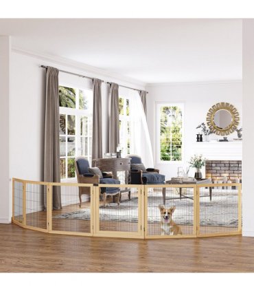 PawHut Freestanding Pet Dog Gate, Six-Panel Foldable Wooden Playpen, 432cm