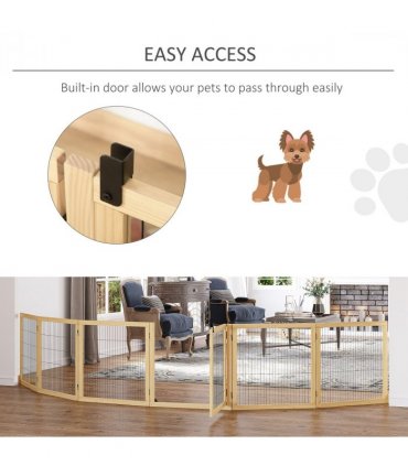 PawHut Freestanding Pet Dog Gate, Six-Panel Foldable Wooden Playpen, 432cm