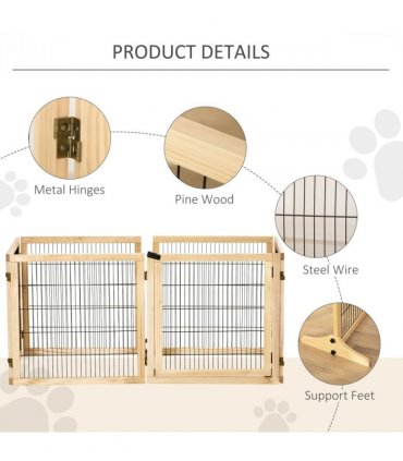 PawHut Freestanding Pet Dog Gate, Six-Panel Foldable Wooden Playpen, 432cm