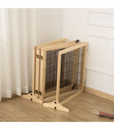 PawHut Freestanding Pet Dog Gate, Six-Panel Foldable Wooden Playpen, 432cm