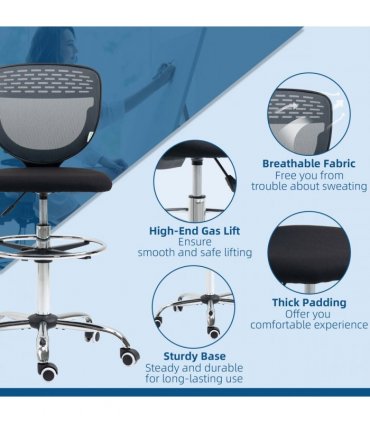 Draughtsman Chair Grey 59L x 59W x 126H cm Vinsetto Tall Office Lumbar Support