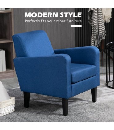 HOMCOM Modern Armchair Accent Chair with Rubber Wood Legs for Bedroom Blue