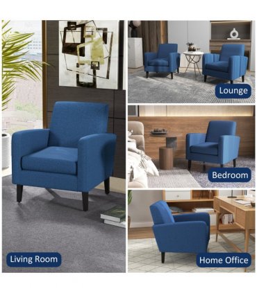 HOMCOM Modern Armchair Accent Chair with Rubber Wood Legs for Bedroom Blue