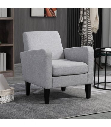 HOMCOM Modern Armchair Accent Chair with Rubber Wood Legs for Bedroom Light Grey