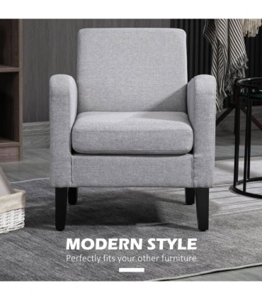HOMCOM Modern Armchair Accent Chair with Rubber Wood Legs for Bedroom Light Grey