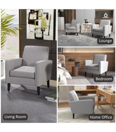 HOMCOM Modern Armchair Accent Chair with Rubber Wood Legs for Bedroom Light Grey