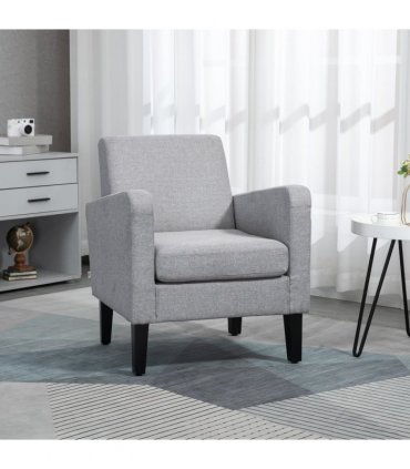 HOMCOM Modern Armchair Accent Chair with Rubber Wood Legs for Bedroom Light Grey