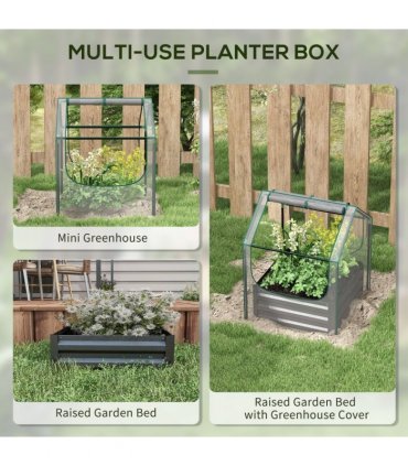 Outsunny Raised Garden Bed Planter Box with Greenhouse, Clear and Dark Grey