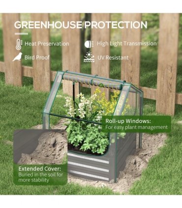Outsunny Raised Garden Bed Planter Box with Greenhouse, Clear and Dark Grey