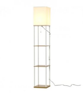 Floor Lamp Fabric White Modern Column Shape with Shelves and Fabric Lampshade