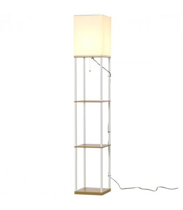Floor Lamp Fabric White Modern Column Shape with Shelves and Fabric Lampshade