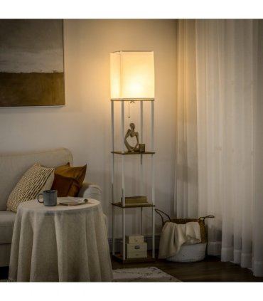 Floor Lamp Fabric White Modern Column Shape with Shelves and Fabric Lampshade