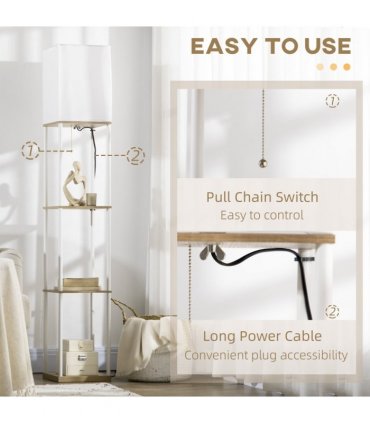 Floor Lamp Fabric White Modern Column Shape with Shelves and Fabric Lampshade
