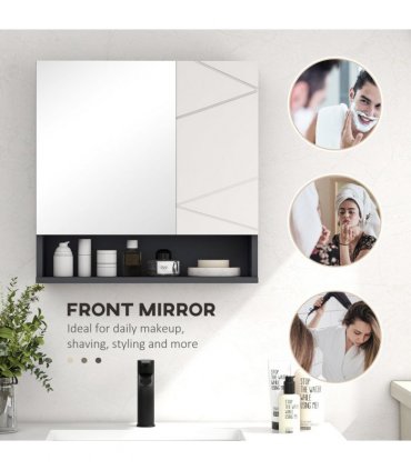 Wall Mounted Bathroom Storage Cupboard, Light Grey, 55L x 17W x 55H cm, Mirror