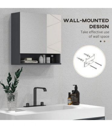 Wall Mounted Bathroom Storage Cupboard, Light Grey, 55L x 17W x 55H cm, Mirror