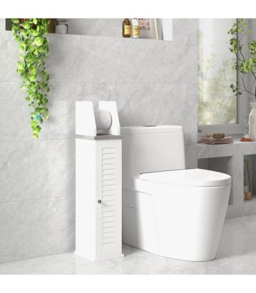 kleankin Slim Toilet Roll Storage Unit with Cupboard and Adjustable Shelf, White