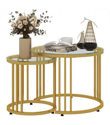 HOMCOM 2 Pieces Round Nesting Coffee Tables with Tempered Glass Top, Gold Tone