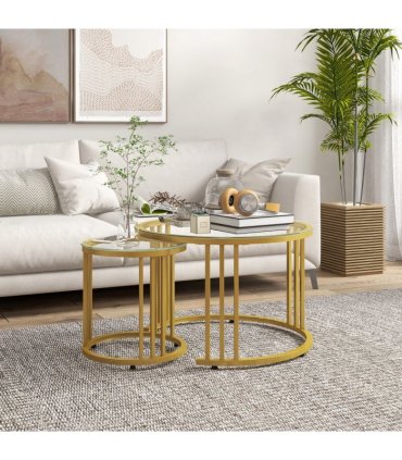 HOMCOM 2 Pieces Round Nesting Coffee Tables with Tempered Glass Top, Gold Tone