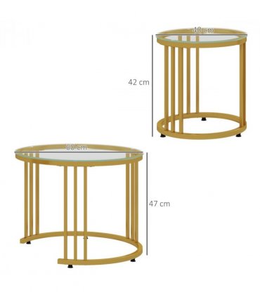 HOMCOM 2 Pieces Round Nesting Coffee Tables with Tempered Glass Top, Gold Tone