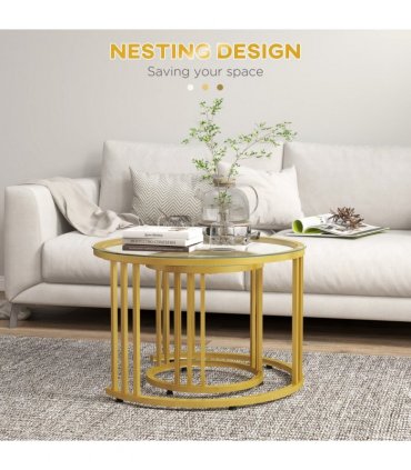 HOMCOM 2 Pieces Round Nesting Coffee Tables with Tempered Glass Top, Gold Tone