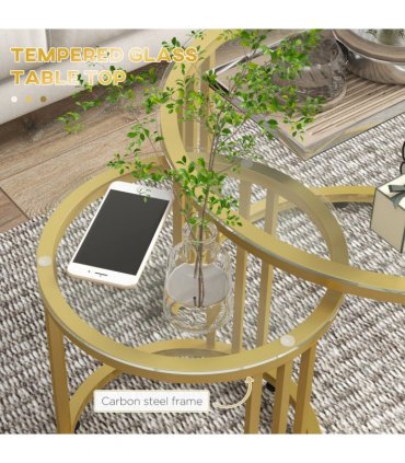 HOMCOM 2 Pieces Round Nesting Coffee Tables with Tempered Glass Top, Gold Tone
