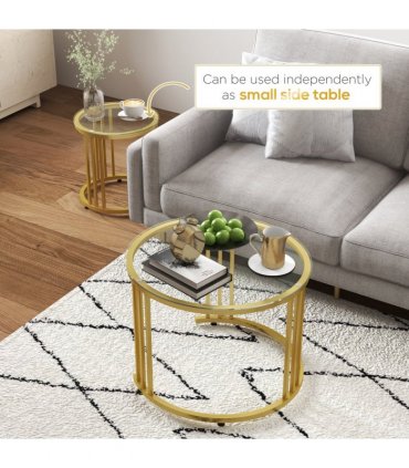HOMCOM 2 Pieces Round Nesting Coffee Tables with Tempered Glass Top, Gold Tone