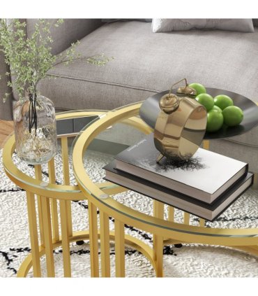 HOMCOM 2 Pieces Round Nesting Coffee Tables with Tempered Glass Top, Gold Tone