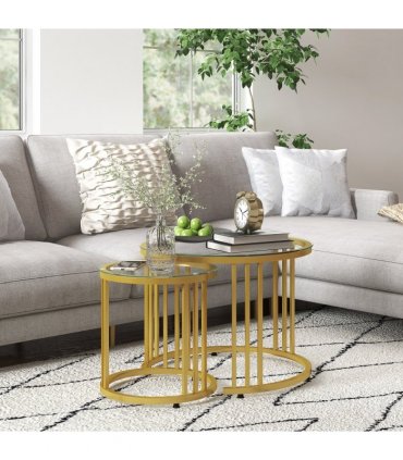 HOMCOM 2 Pieces Round Nesting Coffee Tables with Tempered Glass Top, Gold Tone