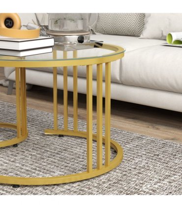 HOMCOM 2 Pieces Round Nesting Coffee Tables with Tempered Glass Top, Gold Tone