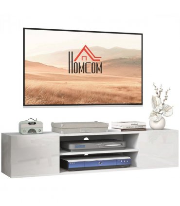 TV Unit White Melamine High Gloss 140L x 30W x 30H cm Shelves Cabinets Storage