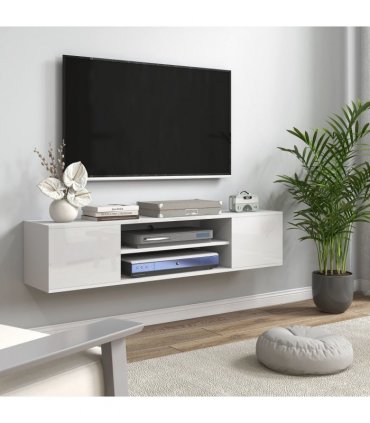 TV Unit White Melamine High Gloss 140L x 30W x 30H cm Shelves Cabinets Storage