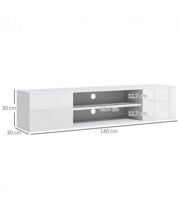 TV Unit White Melamine High Gloss 140L x 30W x 30H cm Shelves Cabinets Storage