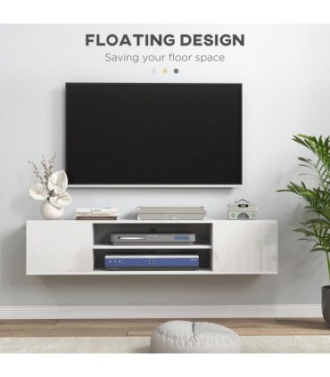 TV Unit White Melamine High Gloss 140L x 30W x 30H cm Shelves Cabinets Storage