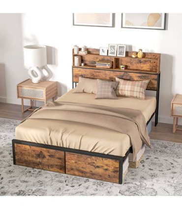 HOMCOM 4.8FT Double Bed Frame with Storage Headboard and Under Bed Storage