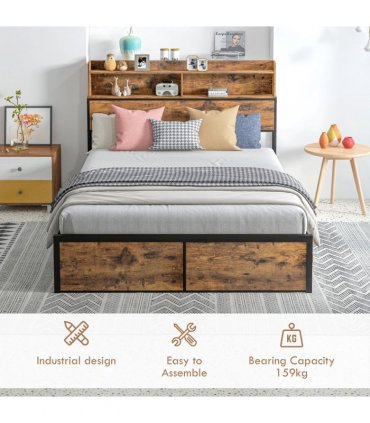 HOMCOM 4.8FT Double Bed Frame with Storage Headboard and Under Bed Storage