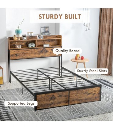 HOMCOM 4.8FT Double Bed Frame with Storage Headboard and Under Bed Storage