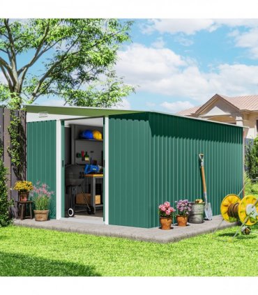 Garden Storage Shed Galvanised Steel Green 280cm x 345cm Double Sliding Door