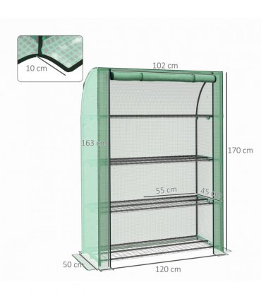 Green Steel Polyethylene 4 Tier Shelves 170H x 120W x 50Dcm Mini Green House