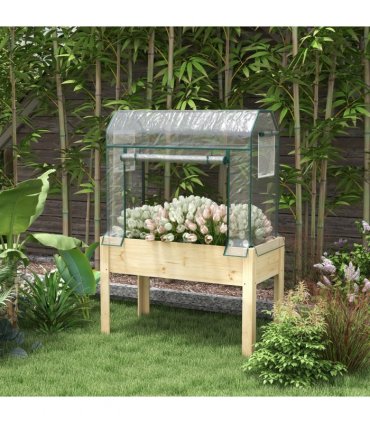 Outsunny Wooden Raised Planter, Garden Bed with Greenhouse Cover and Bed Liner