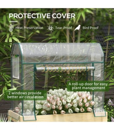Outsunny Wooden Raised Planter, Garden Bed with Greenhouse Cover and Bed Liner