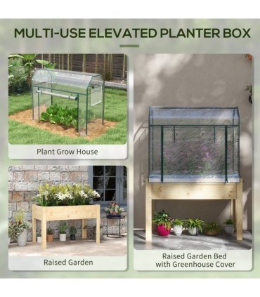 Outsunny Wooden Raised Planter, Garden Bed with Greenhouse Cover and Bed Liner